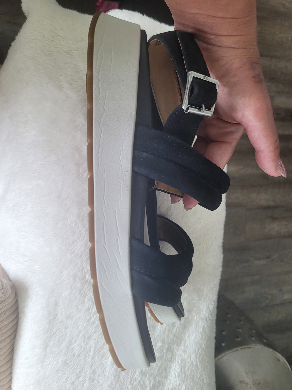UGG Black Suede Platform Strappy Sandals with White Sole